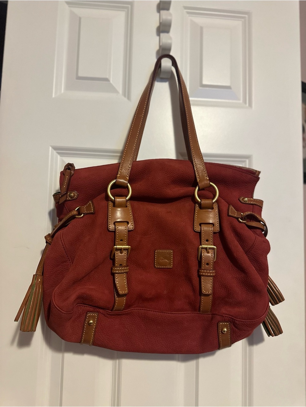 Dooney & Bourke Red Shoulder Bag with Tan Trim